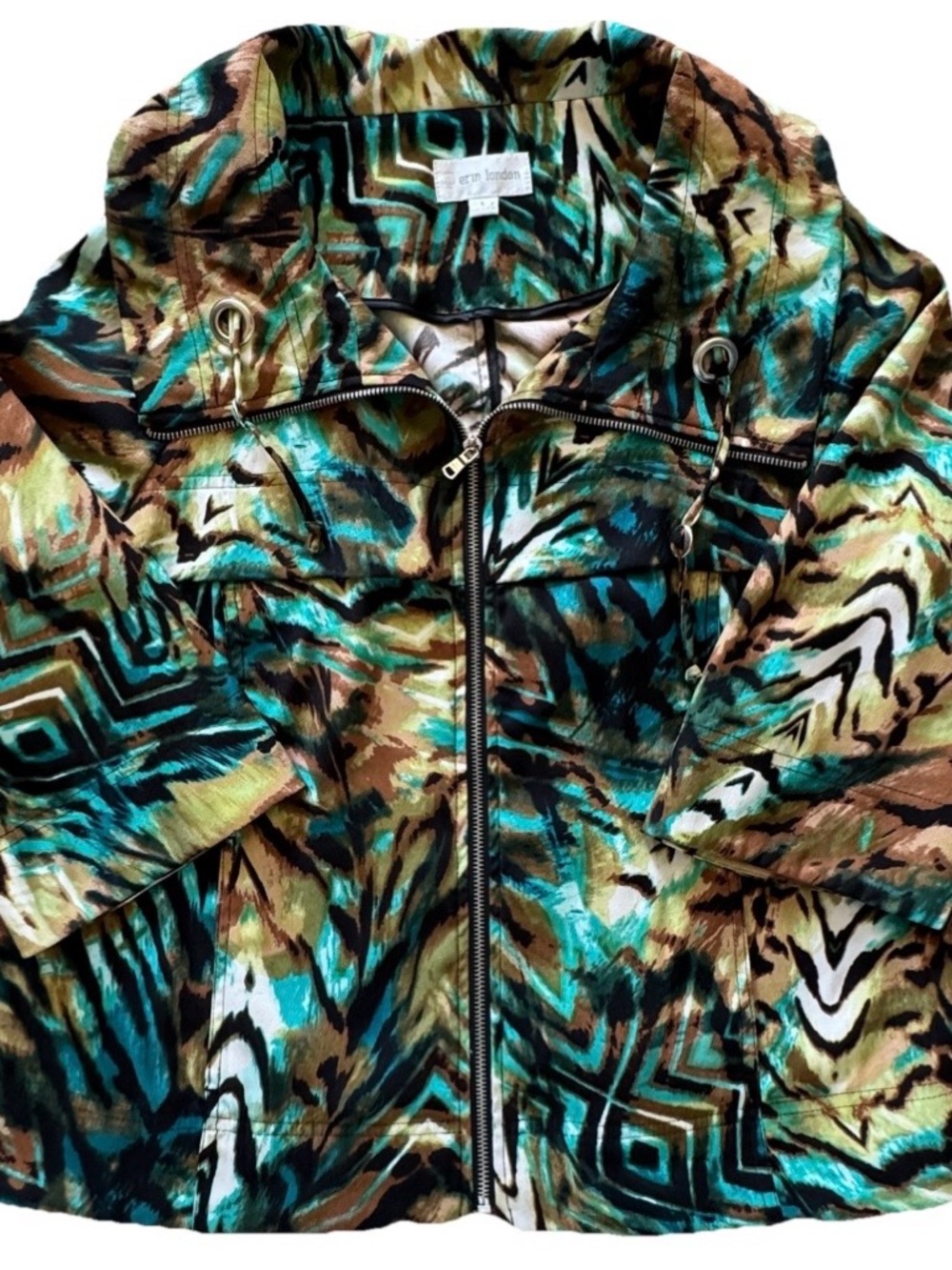90s Abstract Print Zip Jacket L Funky Maximalist Turquoise Y2K Statement